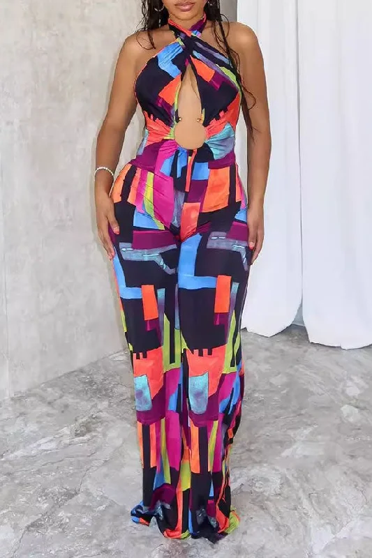 Color Block Bold Cross Halter Cutout Jumpsuit Elevated Style