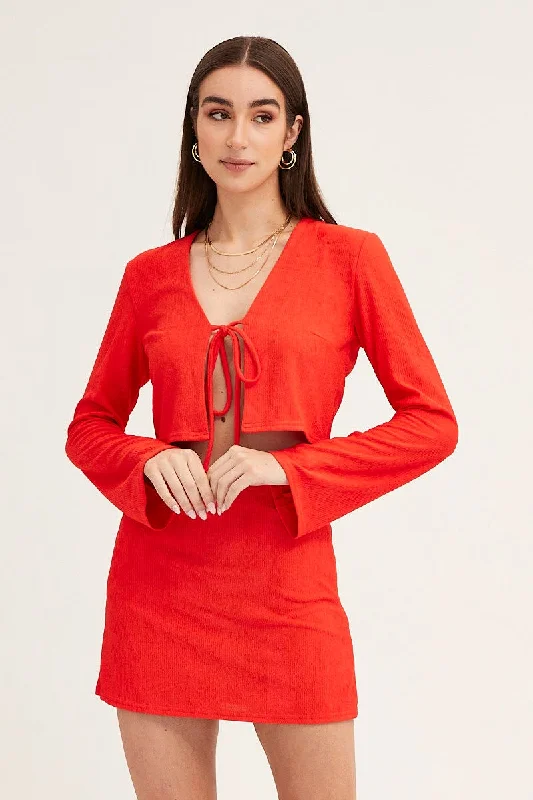 Red Long Sleeve Tie Front Textured Tie Top Special Offer For You