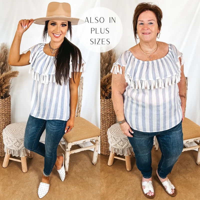 SoCal Sun Striped Off the Shoulder Top with Tassels in Ivory and Blue Wardrobe Update