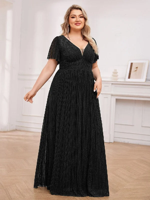 Plus Size Sparkle See-Through V-Neck Empire Waist Formal Evening Dress Seasonal Sale