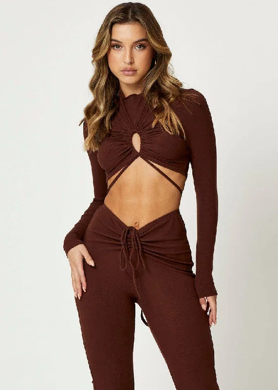 Brown Wrap Top Long Sleeve Trendy Women's Wear