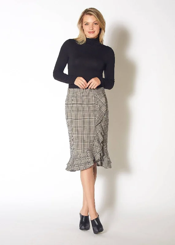 Women's Ruffle Trimmed Pencil Skirt in Black Plaid Best Sellers