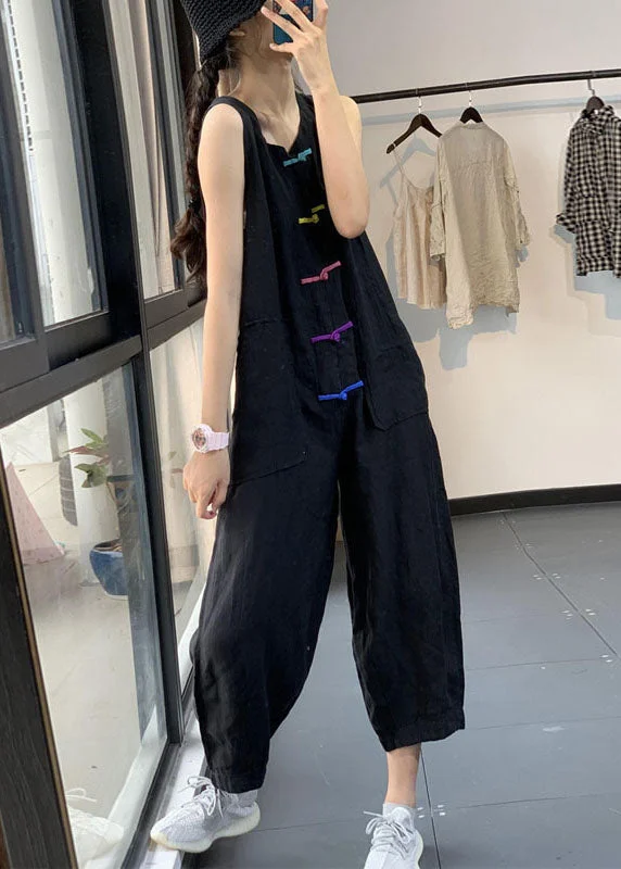 Casual Black Chinese Button Pockets Patchwork Linen Jumpsuits Summer Everyday Basics