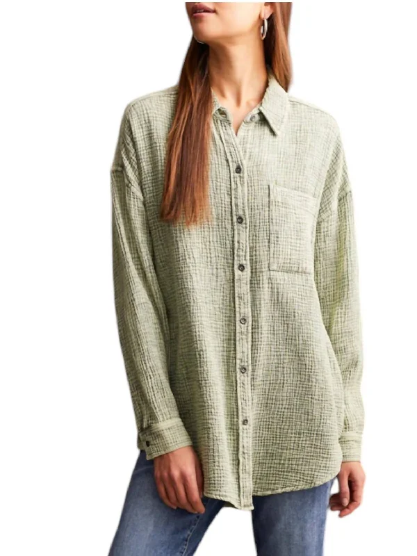 Waffle Button-Up Shirt In Clover Leaf Feminine Charm