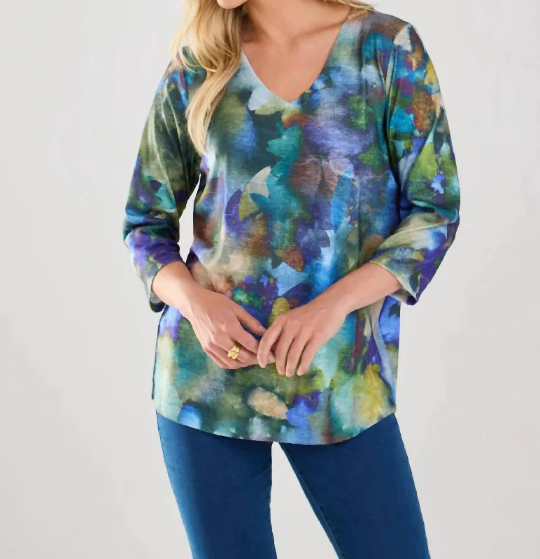 Norah Watercolor V-Neck Top In Blue Mega Sales