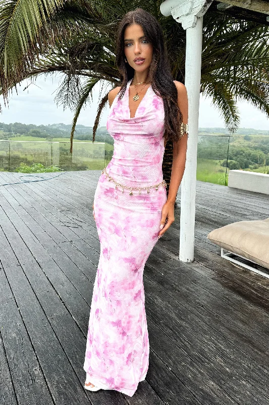 Lainey Cowl Neck Backless Maxi Dress - Pink Floral Quality Driven Apparel