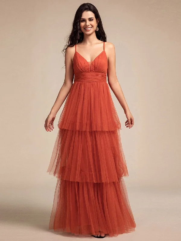 Tiered Spaghetti Strap Tulle Maxi Bridesmaid Dress Style Versatile Women's Collection