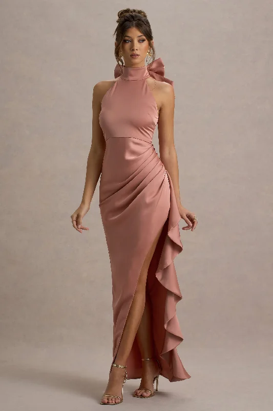 Maureen | Pink Satin High-Neck Draped Maxi Dress Fashion For Every Occasion