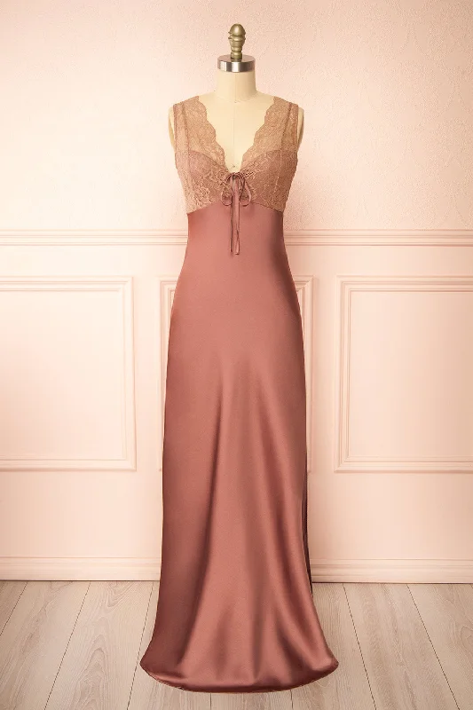 Evara Mauve | Maxi Satin Slip Dress w/ Lace Shop Sale Items