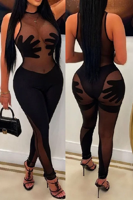 Mesh Patchwork Whimsical See-Through Jumpsuit Don't Miss Out