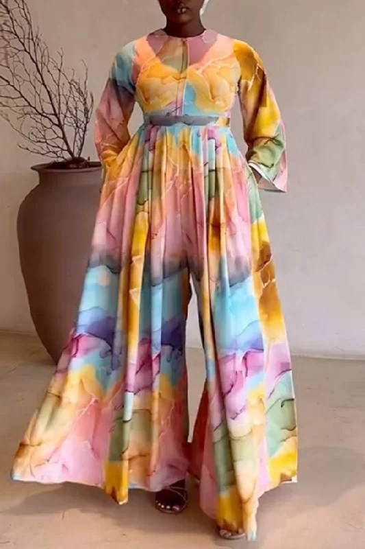 Marble Print Colorful Pleated Wide Leg Jumpsuit Anniversary Sale