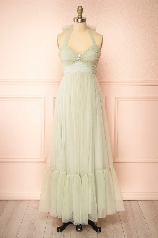 Emberly | Sage Tulle Dress w/ Halter Neck Massive Selection Sale