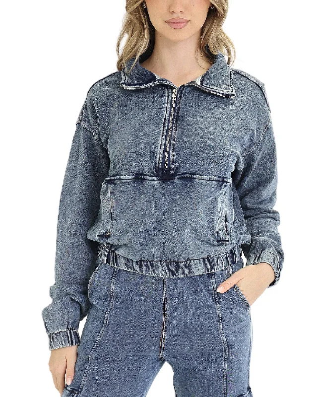 Denim Washed 1/2 Zip Top Contemporary Chic