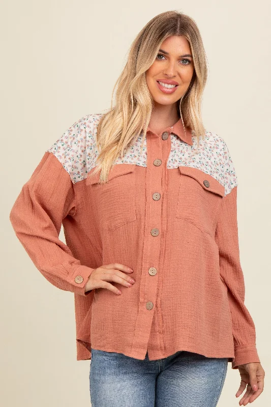 Salmon Colorblock Floral Button Down Versatile Style Wardrobe