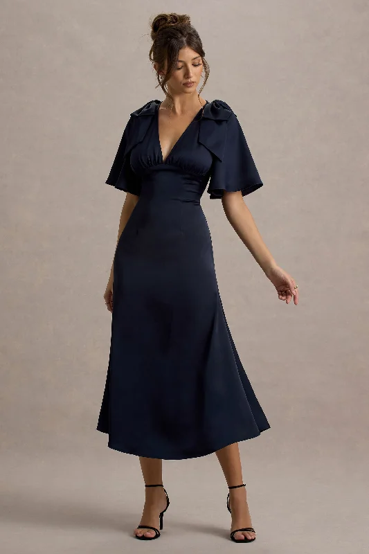 Danna | Navy Satin V-Neck Short-Sleeve Midi Dress Chic & Cozy Apparel