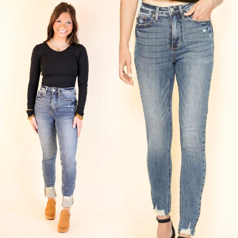 Judy Blue | Urban Essentials Tummy Control Skinny Jean with Destroy Hem in Vintage Medium Wash Comfort Centric Apparel