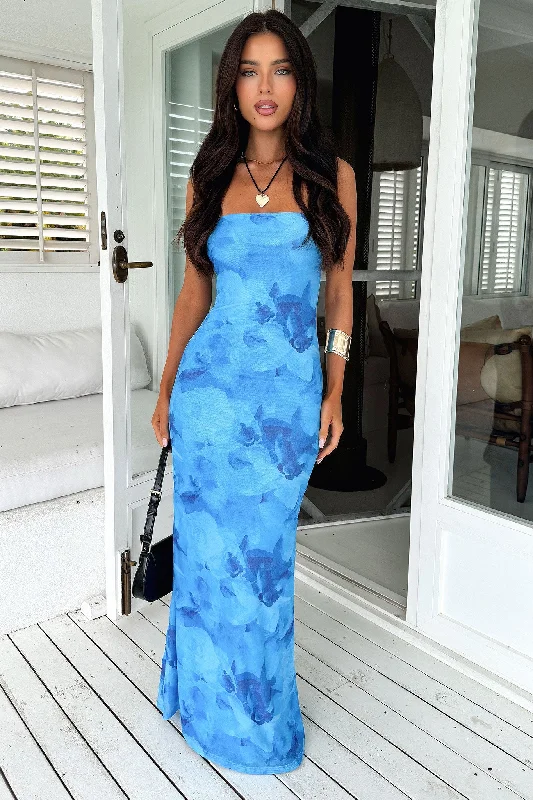 Rosalie Strapless Maxi Dress - Blue Floral Hot Deals