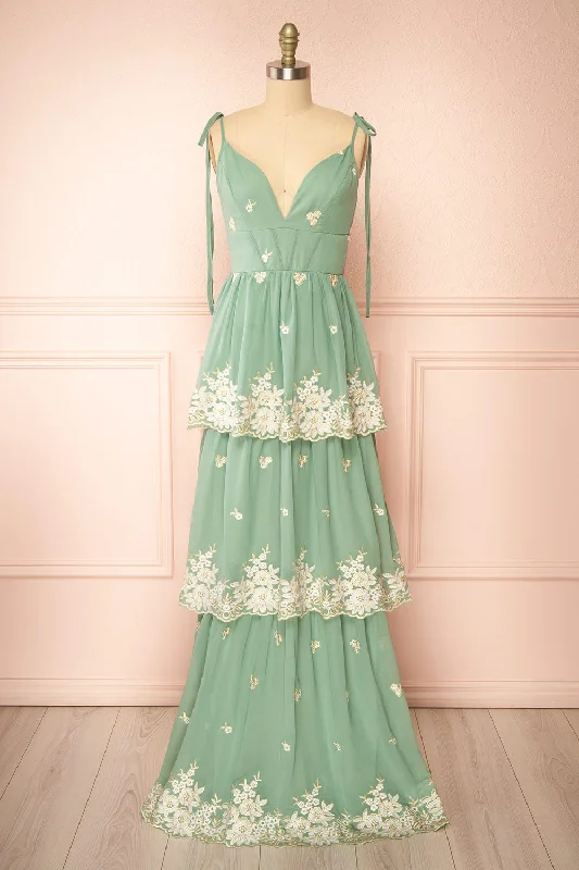 Taliana Sage | Chiffon Maxi Dress w/ Floral Embroidery Wardrobe Update