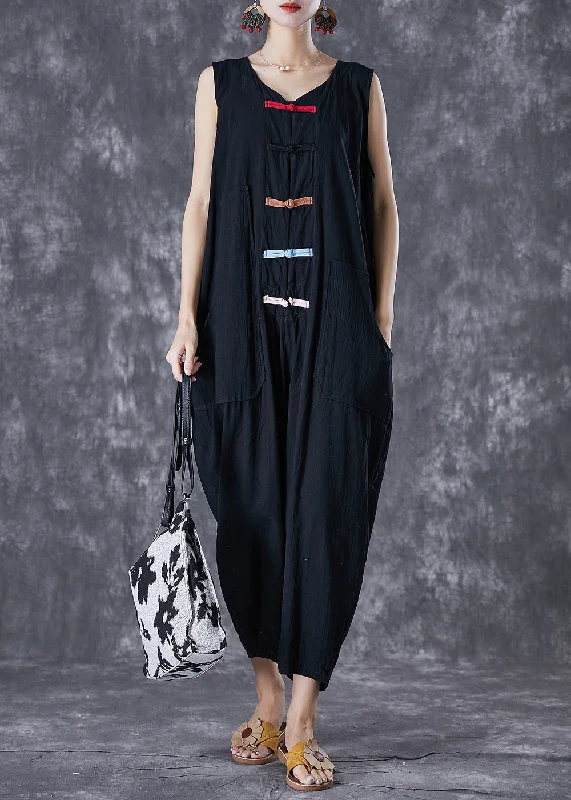 Classy Black Chinese Button Pockets Linen Jumpsuits Sleeveless New Arrivals