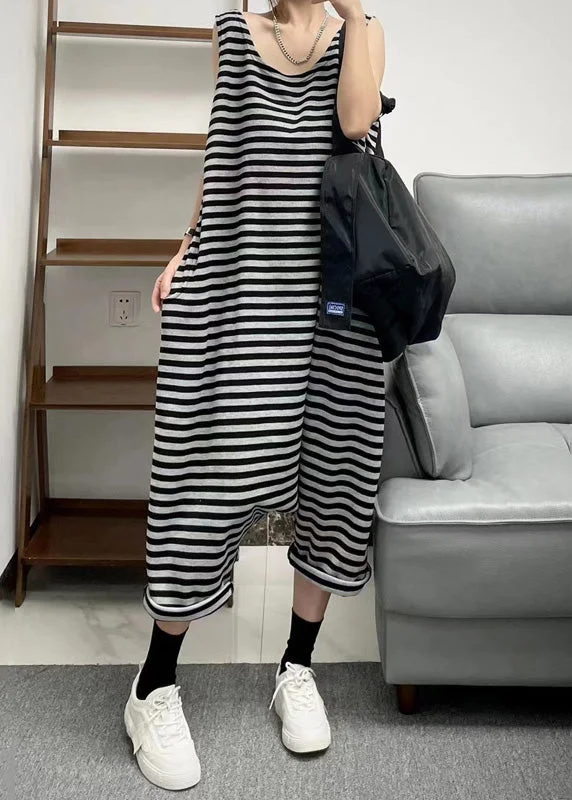 Loose Black O Neck Striped Patchwork Knitting Cotton Jumpsuit Sleeveless Snag Fabulous Fashion Bargains