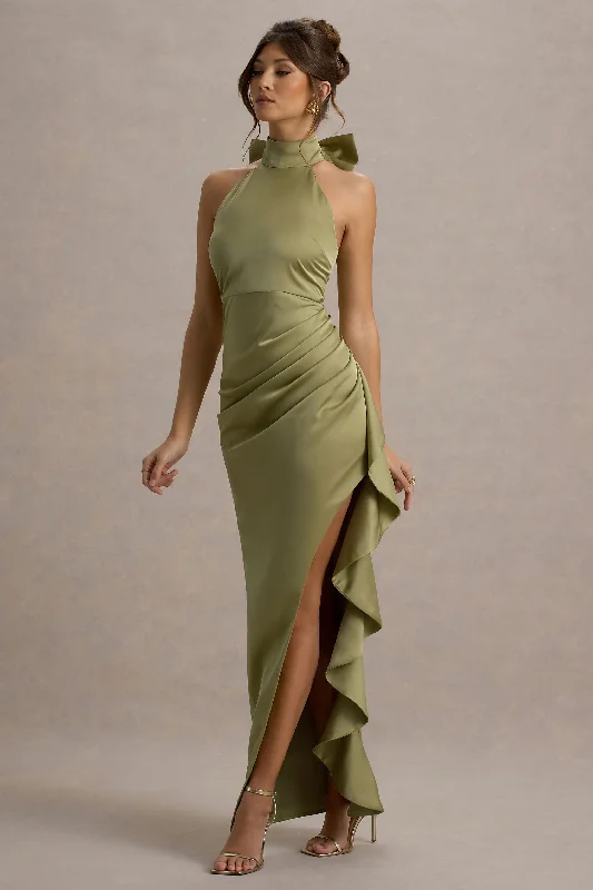 Maureen | Light Green Satin High-Neck Draped Maxi Dress Signature Style Essentials