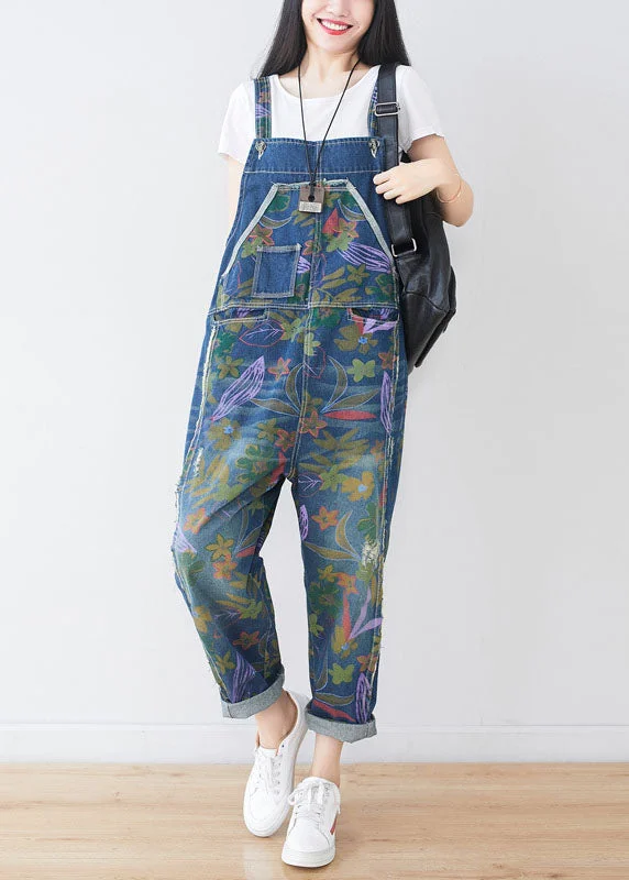 Natural Blue Hole Print Pockets Cowboy Jumpsuit Spring Snag Fabulous Fashion Bargains