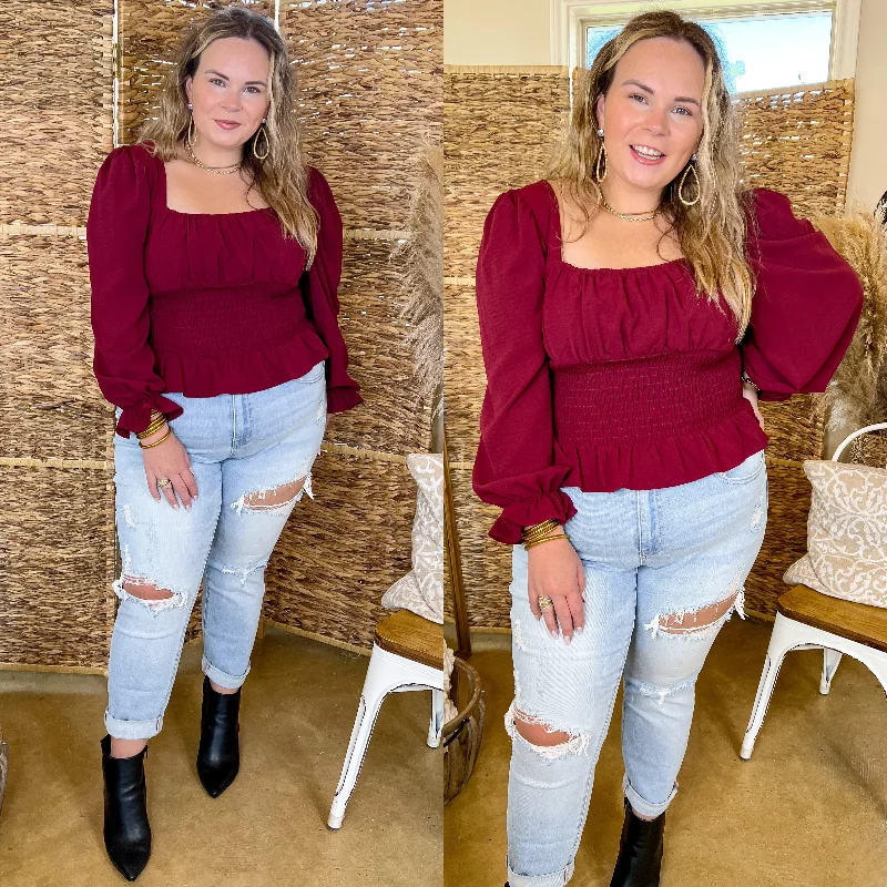 Starting Fresh Long Sleeve Peplum Top with Smocked Bodice in Maroon Trend Setting Threads