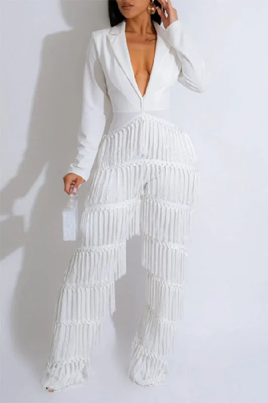 Solid Color Glamorous Tassel Patchwork Jumpsuit Flash Sale