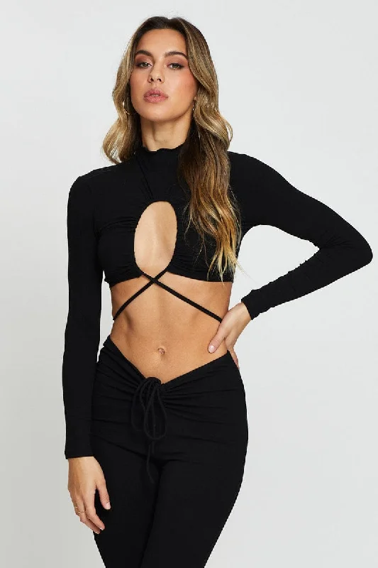 Black Wrap Top Long Sleeve Casual Chic