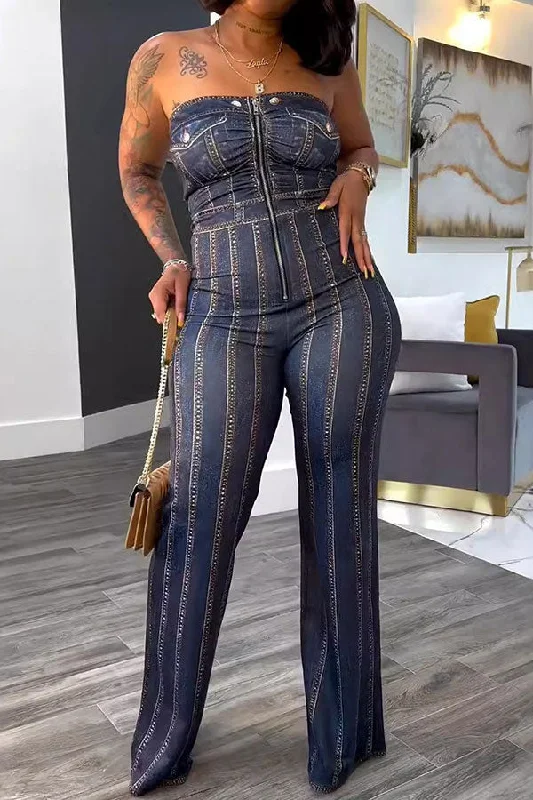 Imitation Denim Print Strapless Urban Wide Leg Jumpsuit Chic Allure