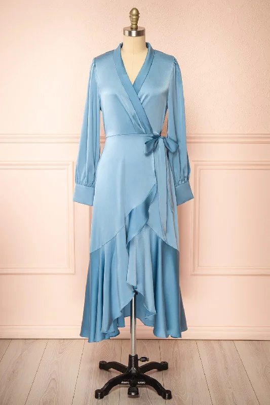 Akamari | Long Satin Blue Wrap Dress Luxe Women's Apparel