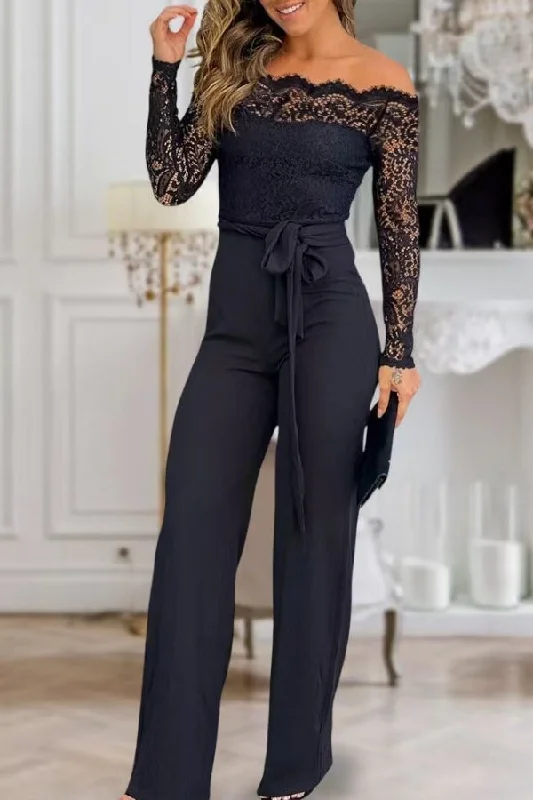 Black Lace Patchwork Off Shoulder Rocking Belted Jumpsuit Wardrobe Essentials