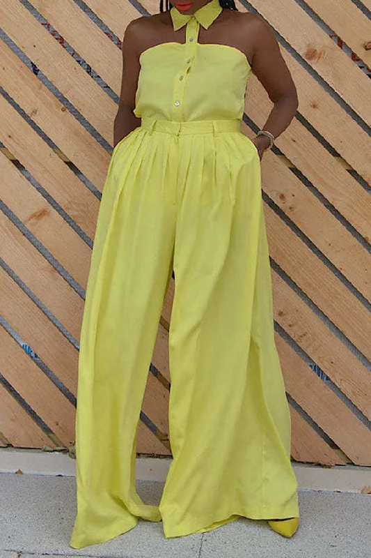 Yellow Halter Collar Unique Wide Leg Jumpsuit The Latest Fashion Trends