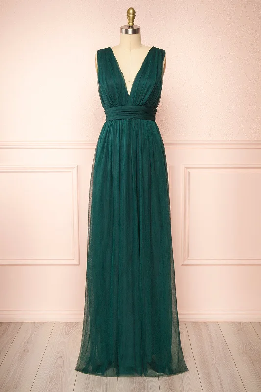 Samina Green | Tulle Maxi Dress w/ Plunging Neckline Designer Wear On Sale