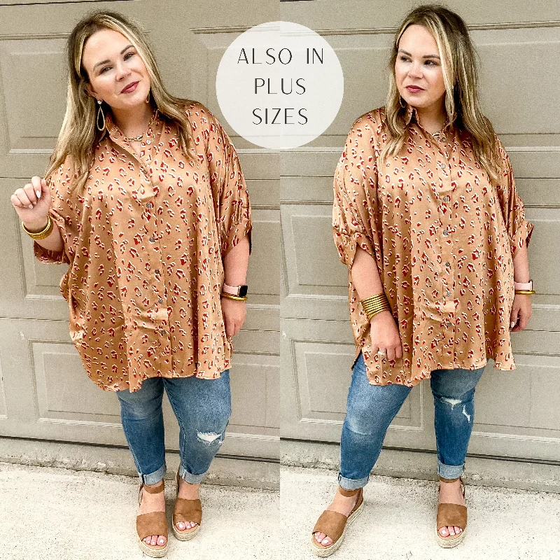 City Lifestyle Leopard Print Button Up Half Sleeve Poncho Top in Tan Ride The Style Wave