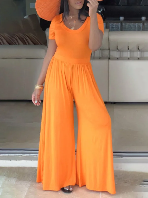 Women's Sexy Round Neck Short Sleeve Loose Jumpsuit Versatile Style Wardrobe