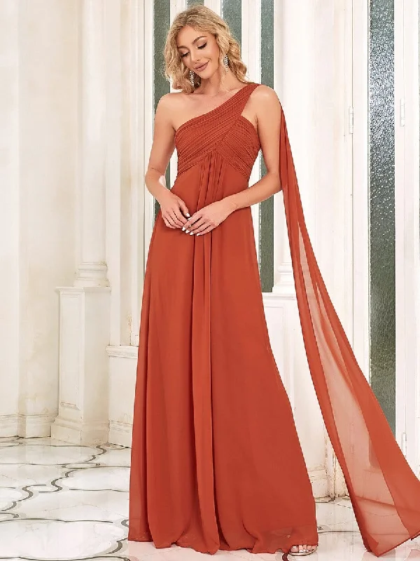 One Shoulder Pleated Chiffion Bridesmaid Sleeves Trendy New Clothes