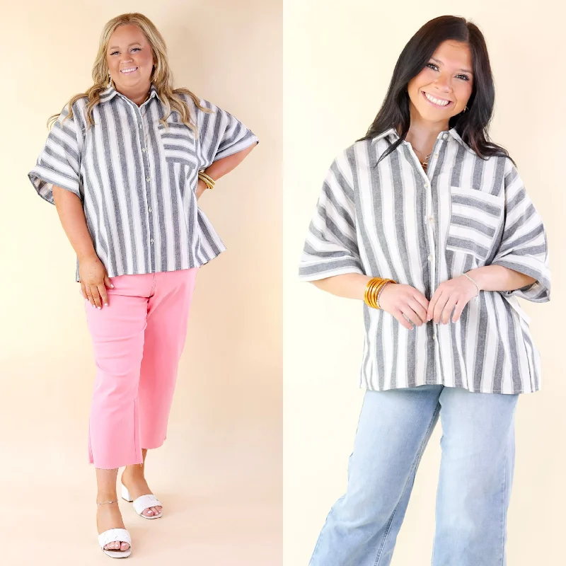 Down The Beach Button Up Striped Top in Ivory and Grey Fast Fashion Favorites