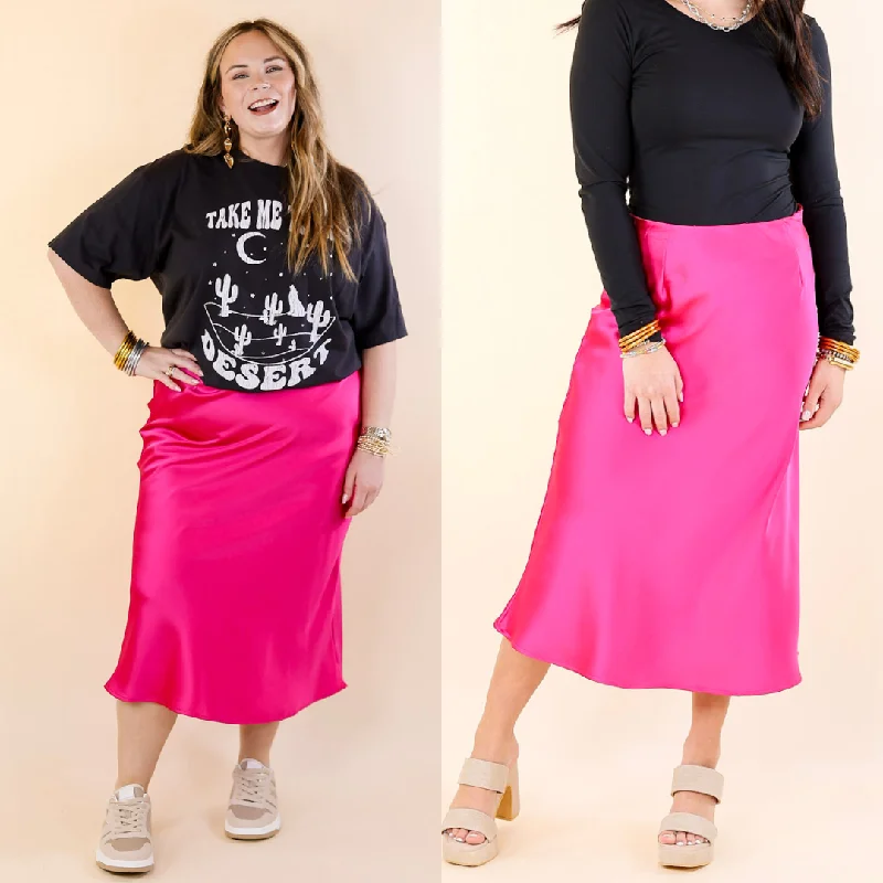 Bubbly And Blissful Satin Midi Skirt in Fuchsia Pink Chic Outfits