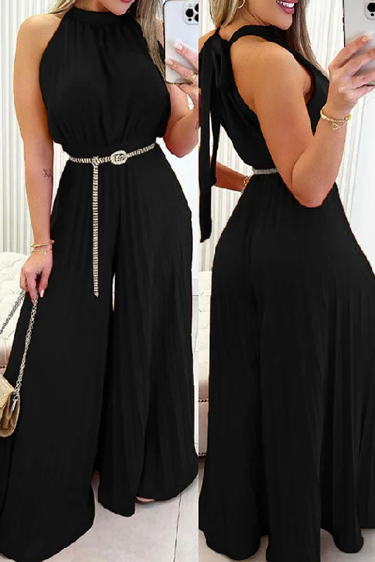 Solid Color Commuting Pleated Wide Leg Jumpsuit High End Designer Brands Discount