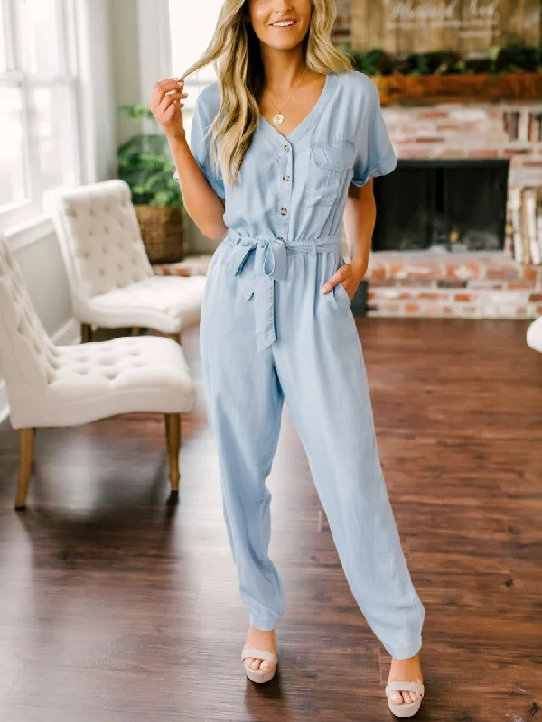 Women V-neck Lace-up Short Sleeve Jumpsuit Chic Outfits