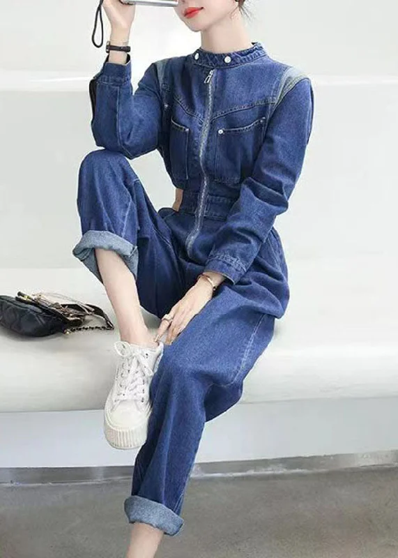 Modern Blue Pockets Zip Up Patchwork Denim Jumpsuit Fall Seasonal Style Discounts