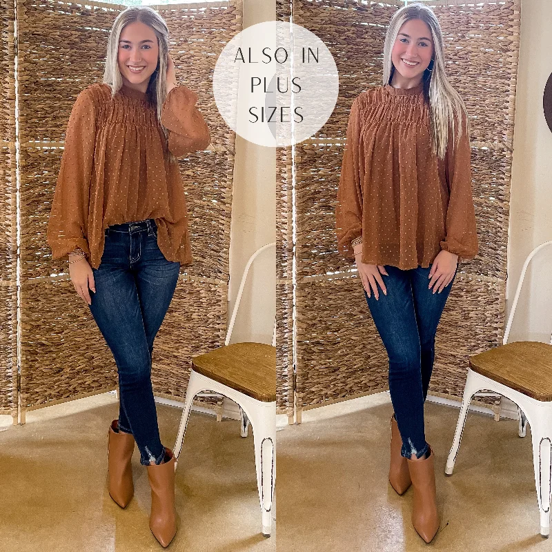 Lattes At The Lodge High Neck Swiss Dot Top in Rust Brown Casual Yet Stylish Separates