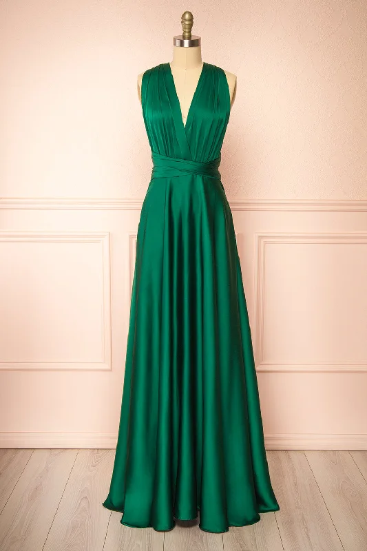 Yayabei | Green Satin Convertible Maxi Dress Flash Sale