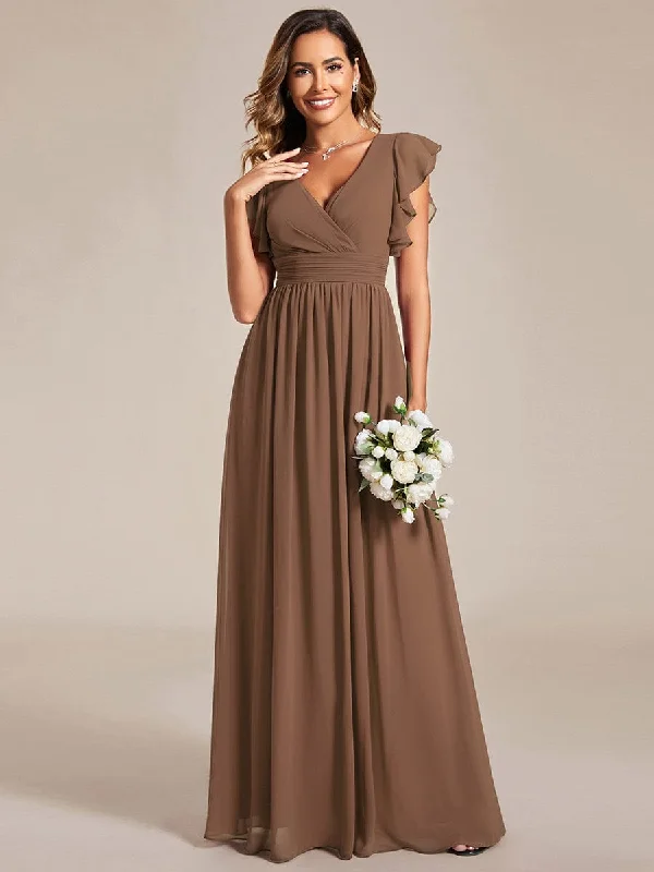 Custom Size Back Cutout A-Line Pleated Ruffles Sleeve Chiffon Bridesmaid Dress Effortless Chic Apparel