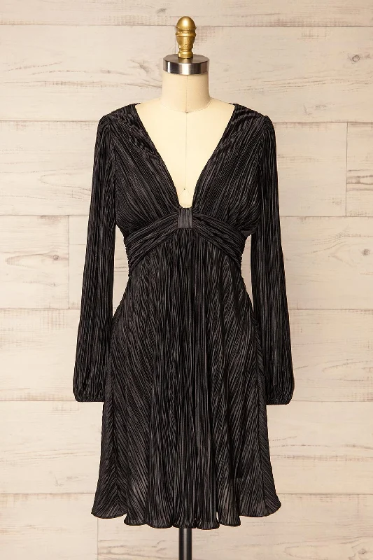 Bromsgrove | Short Black Pleated Dress w/ Long Sleeves Fashion Sale