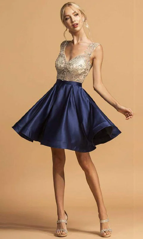 Trevi Collection - S2124 Cap Sleeve Bejeweled Satin Dress Trend Alert