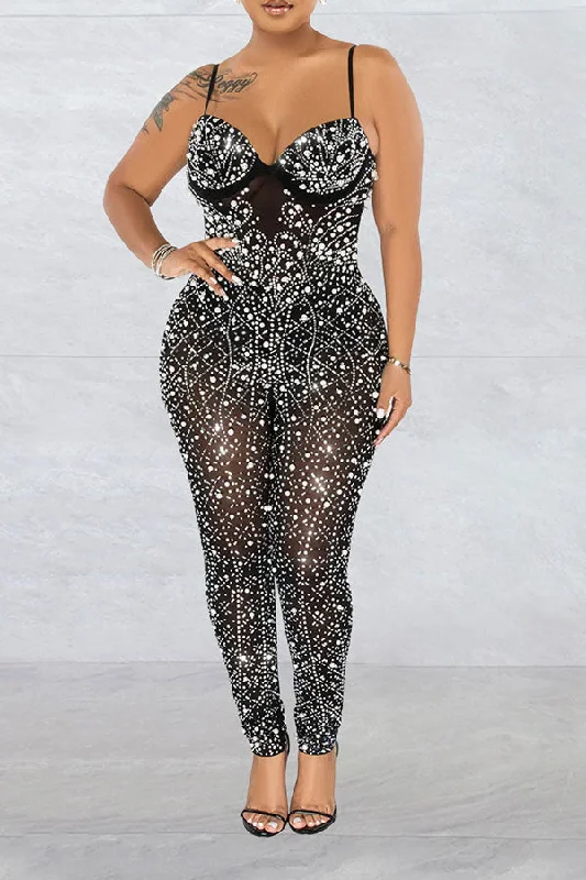 Rhinestone & Beaded Decor Party See-Through Jumpsuit Unbeatable Prices