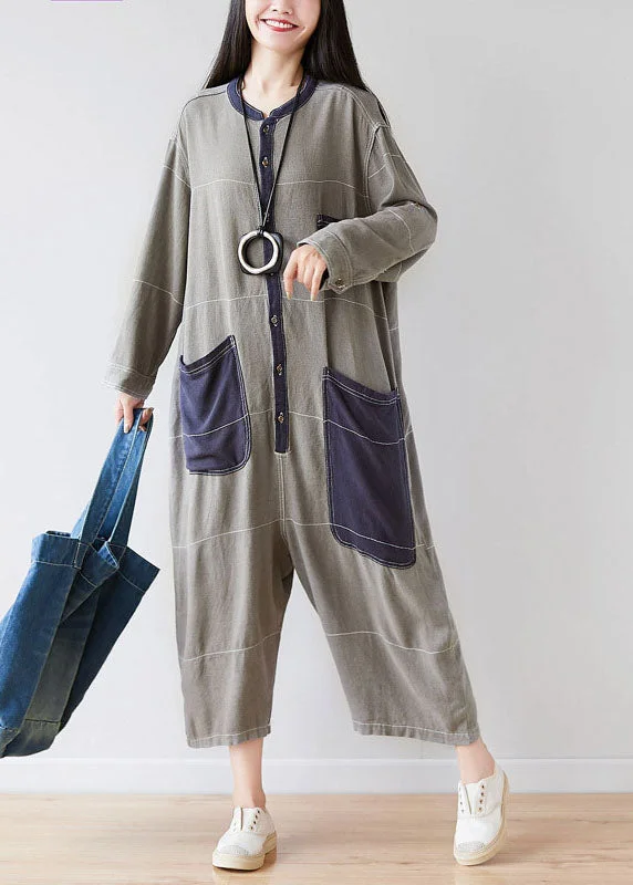 Style O-Neck Grey Pockets Patchwork Jumpsuits Spring Feminine Soft - Hued Styles