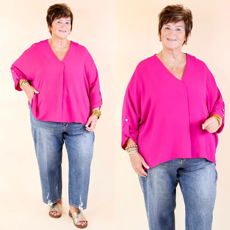 Weekend Out V Neck Placket 3/4 Sleeve Top in Magenta Odd Size Clearance Sale